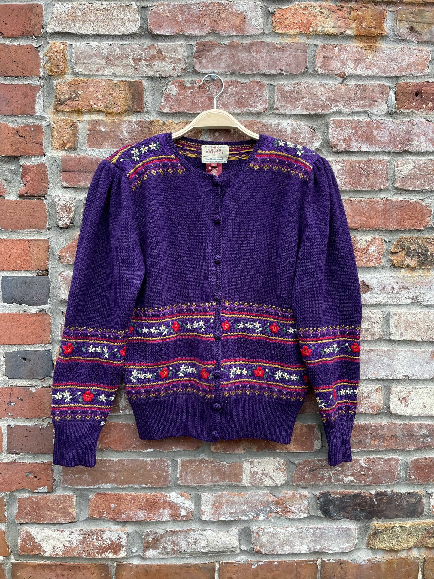 vintage 80s susan bristol 100% wool hand-embroidered knit cardigan
