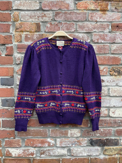 vintage 80s susan bristol 100% wool hand-embroidered knit cardigan
