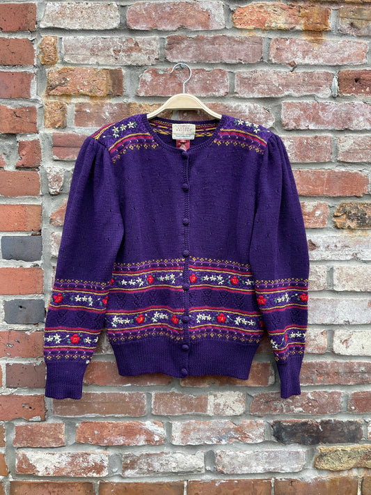 vintage 80s susan bristol 100% wool hand-embroidered knit cardigan