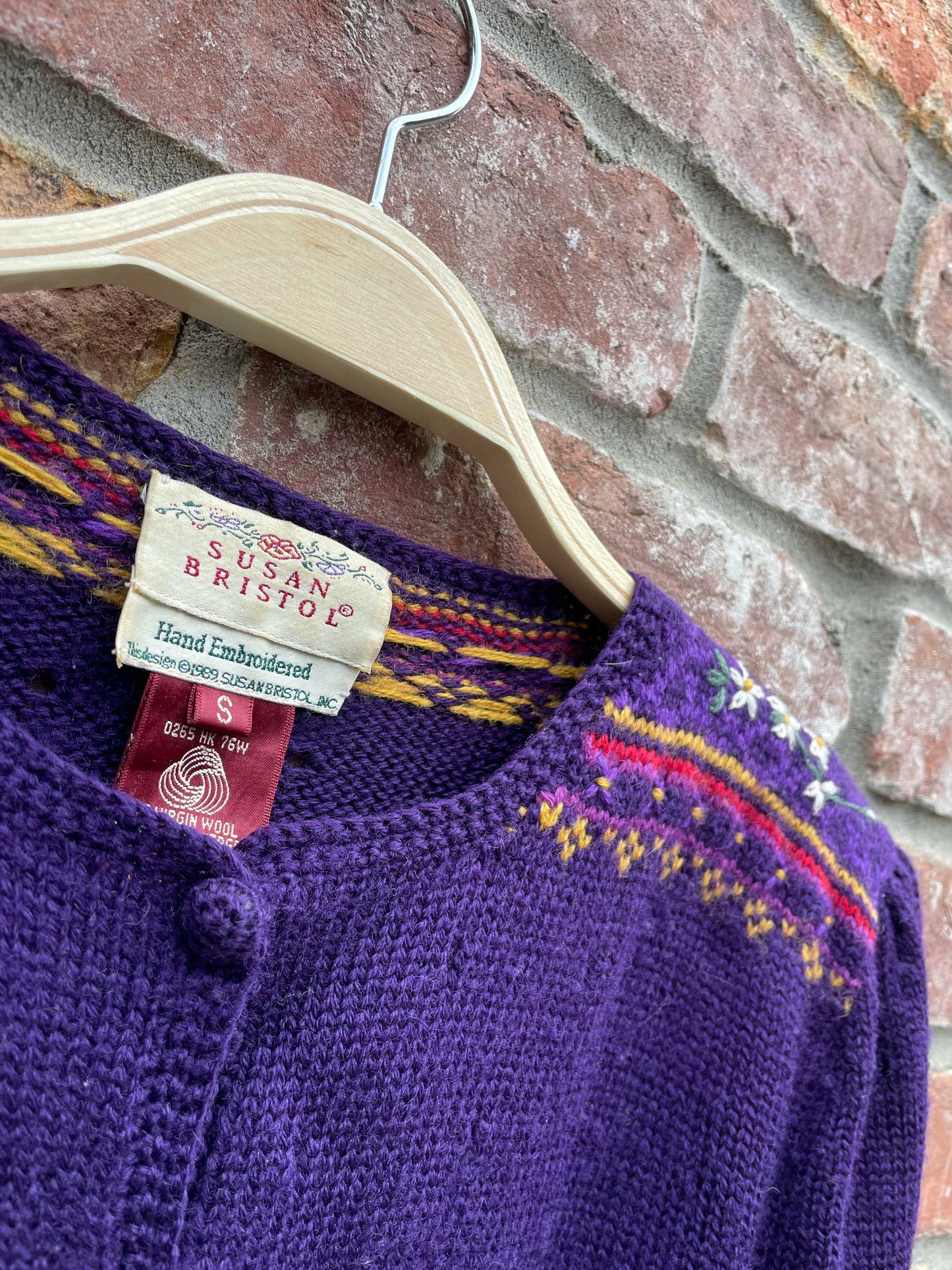 vintage 80s susan bristol 100% wool hand-embroidered knit cardigan