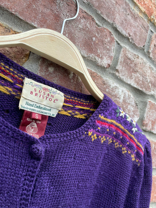 vintage 80s susan bristol 100% wool hand-embroidered knit cardigan