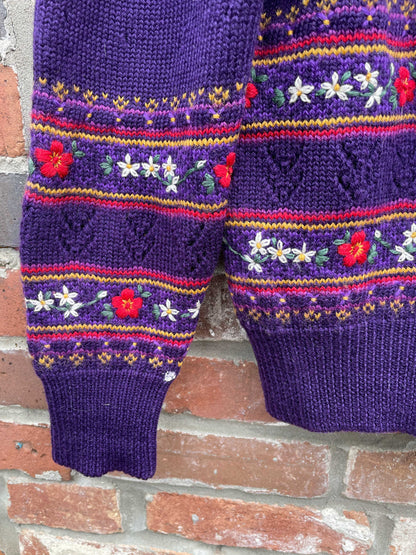 vintage 80s susan bristol 100% wool hand-embroidered knit cardigan