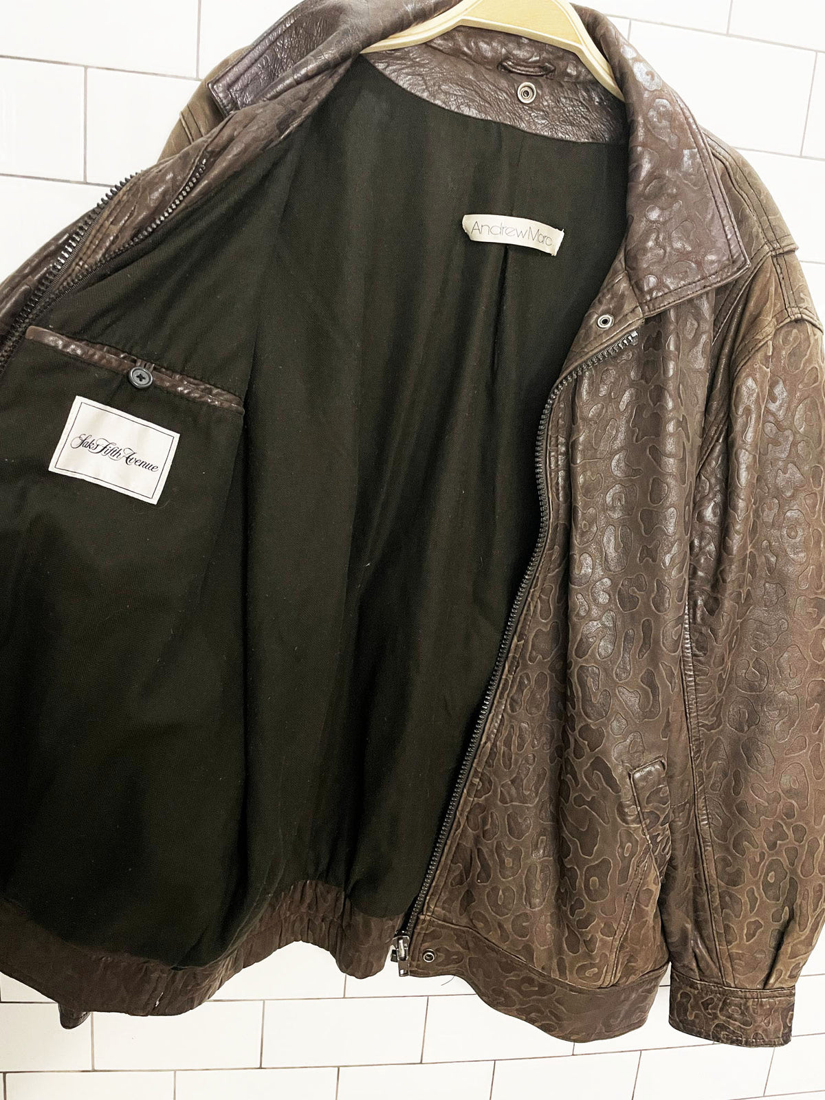 vintage andrew marc soft leather animal print embossed bomber jacket | lambskin | saks fifth avenue