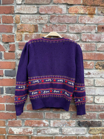 vintage 80s susan bristol 100% wool hand-embroidered knit cardigan