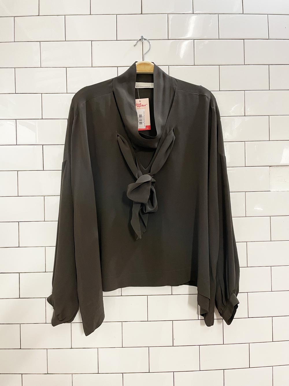 liviana conti tie neck boxy silk blouse - good market thrift store