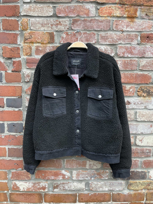 stoosh denim trim sherpa teddy trucker jacket