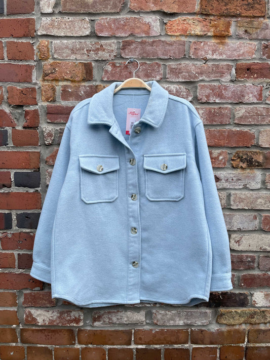 light blue woven waffle long shirt jacket