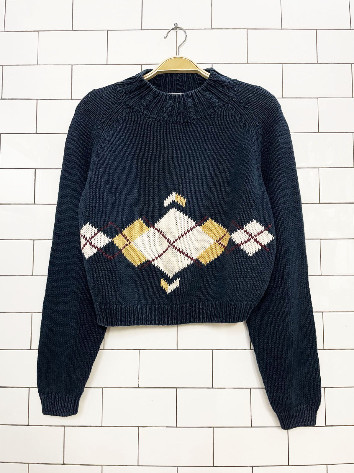vintage amancia ramie-blend argyle crop knit sweater