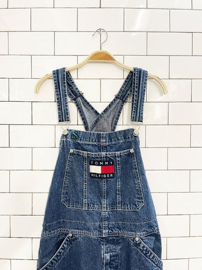 vintage 90s y2k tommy hilfiger big flag logo carpenter denim overalls - good market thrift store