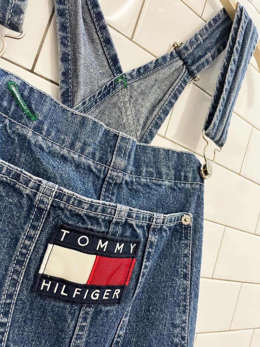vintage 90s y2k tommy hilfiger big flag logo carpenter denim overalls - good market thrift store