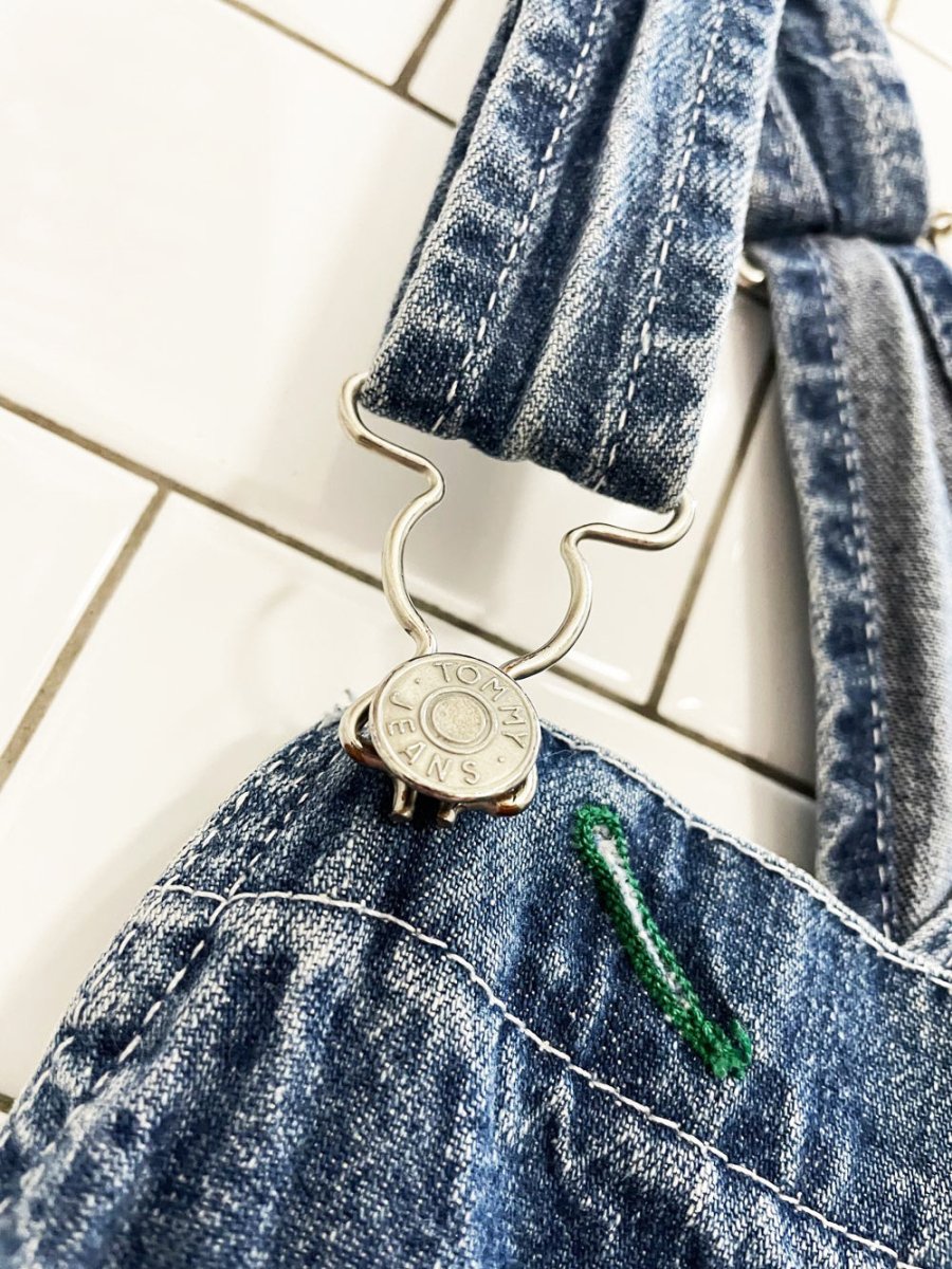 vintage 90s y2k tommy hilfiger big flag logo carpenter denim overalls - good market thrift store