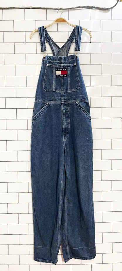 vintage 90s y2k tommy hilfiger big flag logo carpenter denim overalls - good market thrift store