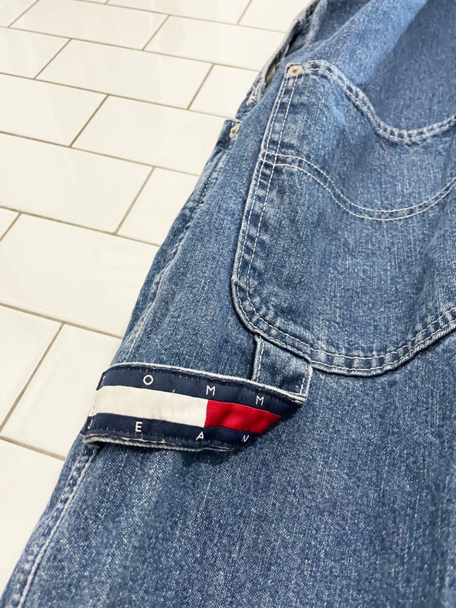 vintage 90s y2k tommy hilfiger big flag logo carpenter denim overalls - good market thrift store