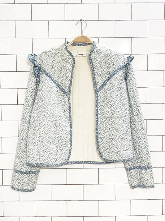 vintage dominique quilted floral ruffle shoulder open light jacket