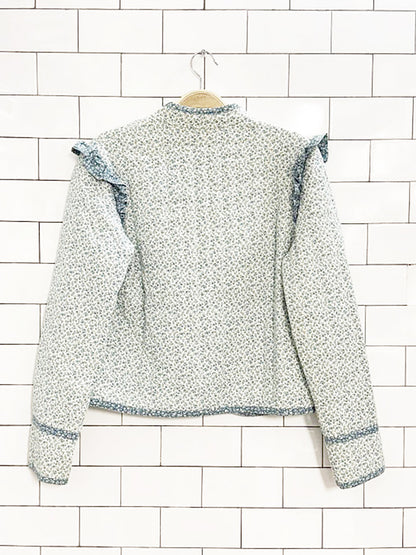 vintage dominique quilted floral ruffle shoulder open light jacket