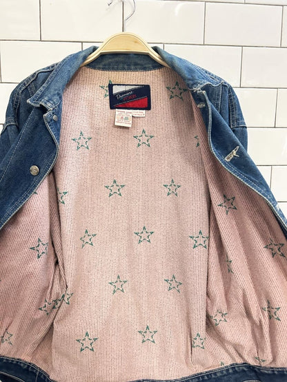 vintage 90s premiere vision flannel - lined denim jacket - good market thrift store