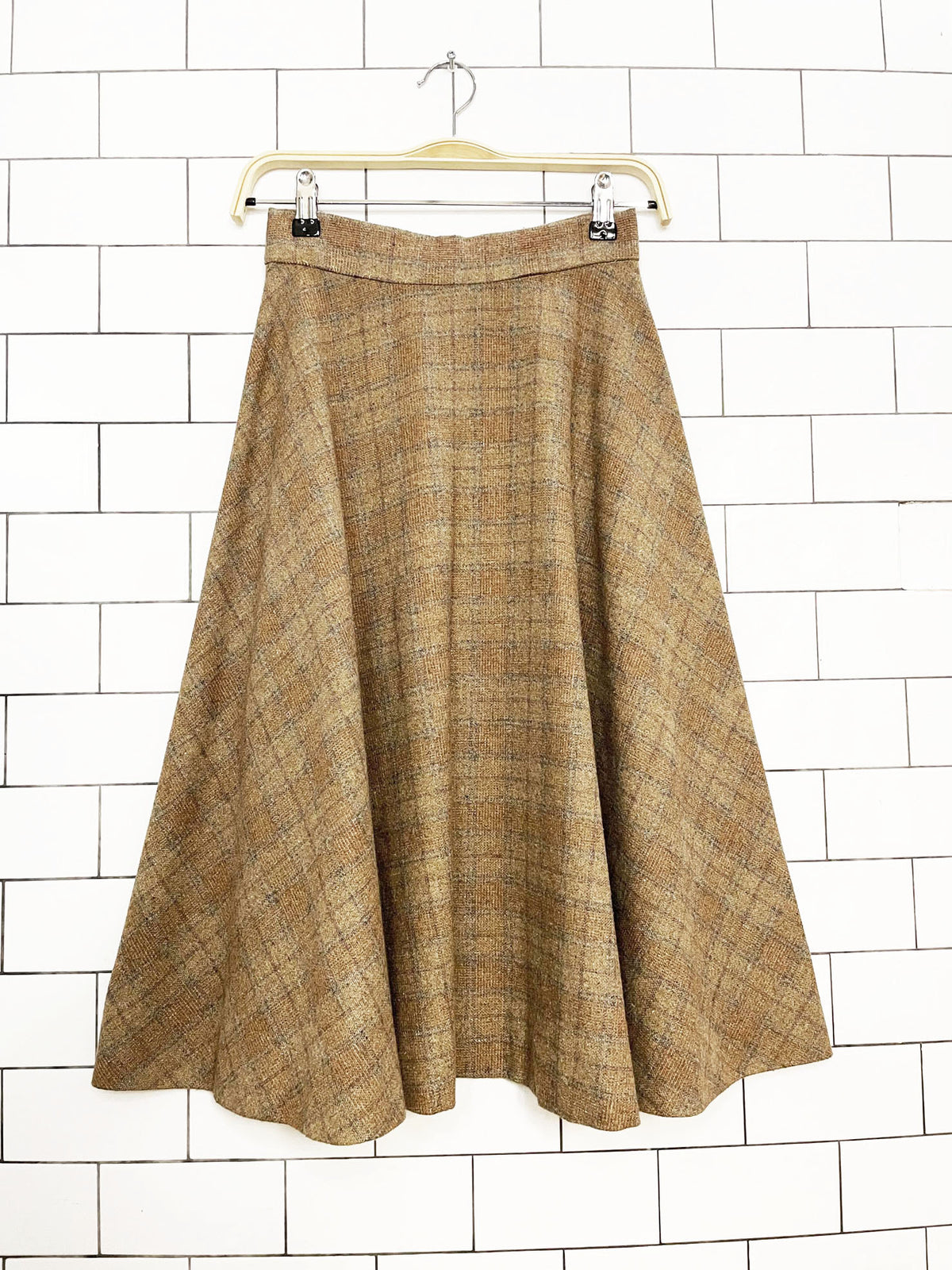 x2 vintage wool plaid fitted vest + high rise midi skirt set