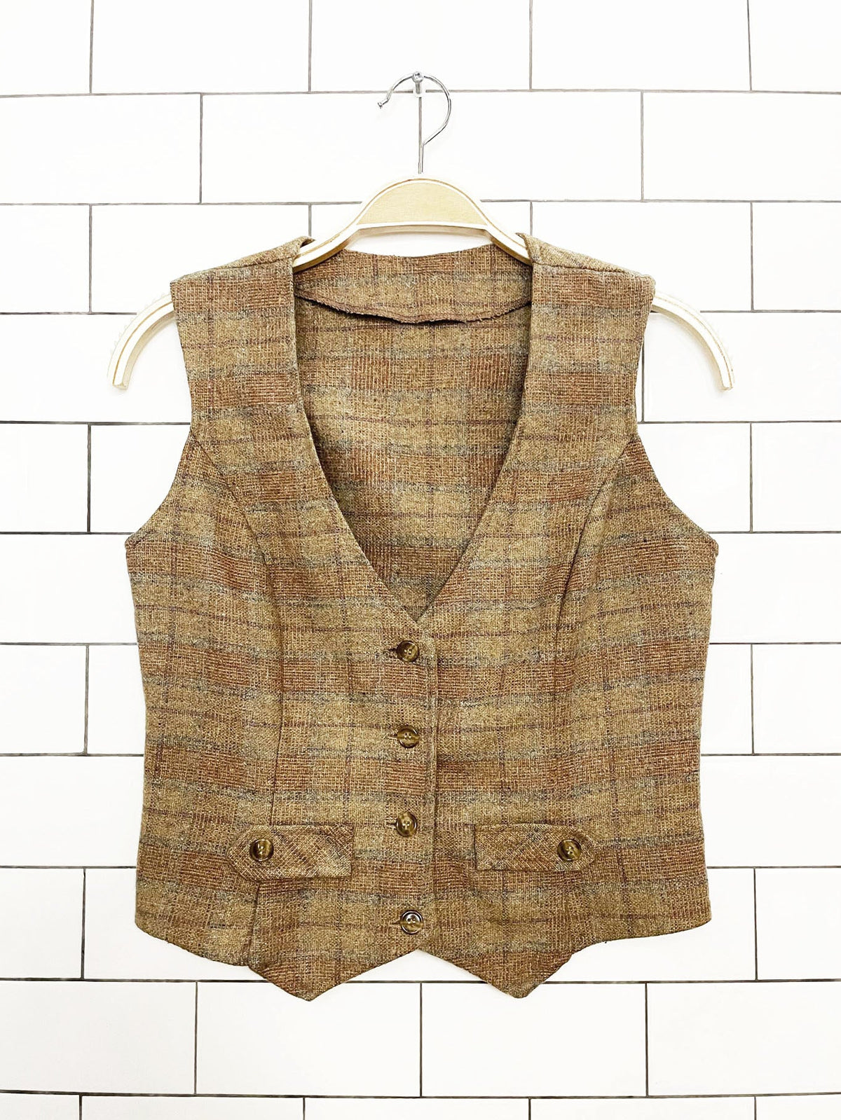 x2 vintage wool plaid fitted vest + high rise midi skirt set