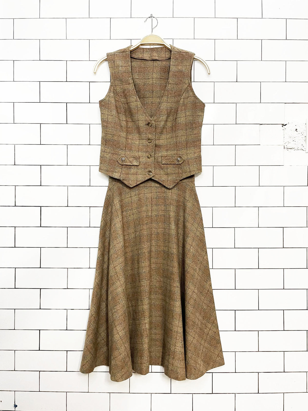 x2 vintage wool plaid fitted vest + high rise midi skirt set
