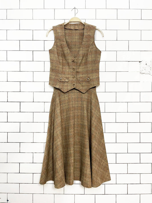 x2 vintage wool plaid fitted vest + high rise midi skirt set