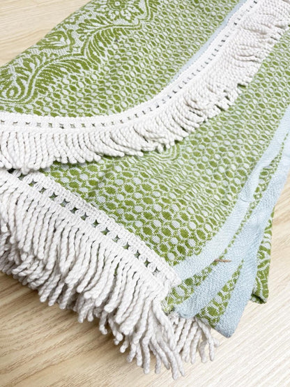 vintage 60s fringe edge woven coverlet - good market thrift store