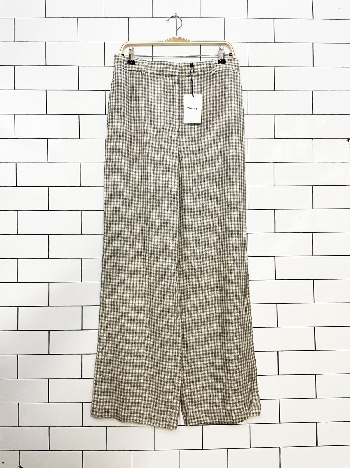 nwt theory linen-blend windowpane plaid wide leg flat front trouser | nordstrom