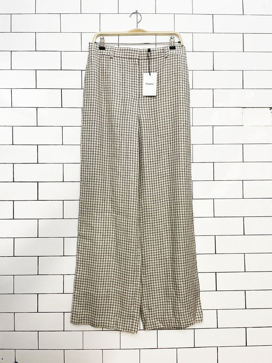 nwt theory linen-blend windowpane plaid wide leg flat front trouser | nordstrom