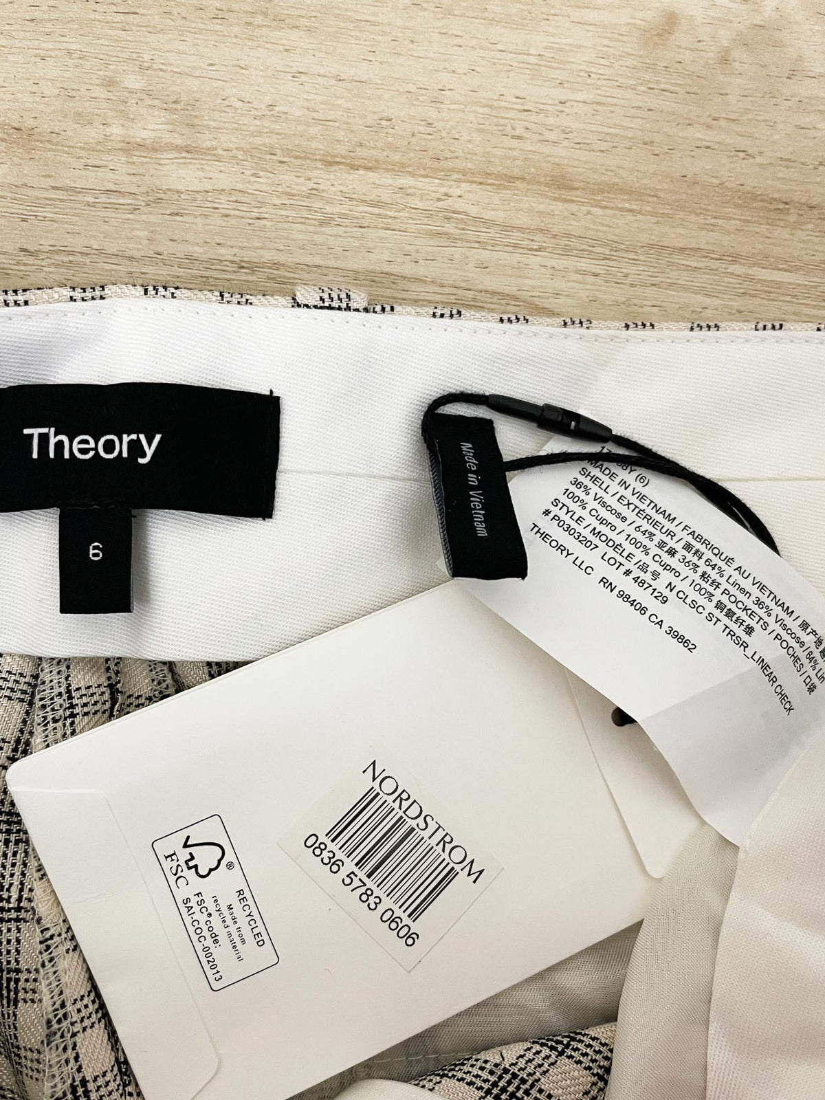 nwt theory linen-blend windowpane plaid wide leg flat front trouser | nordstrom