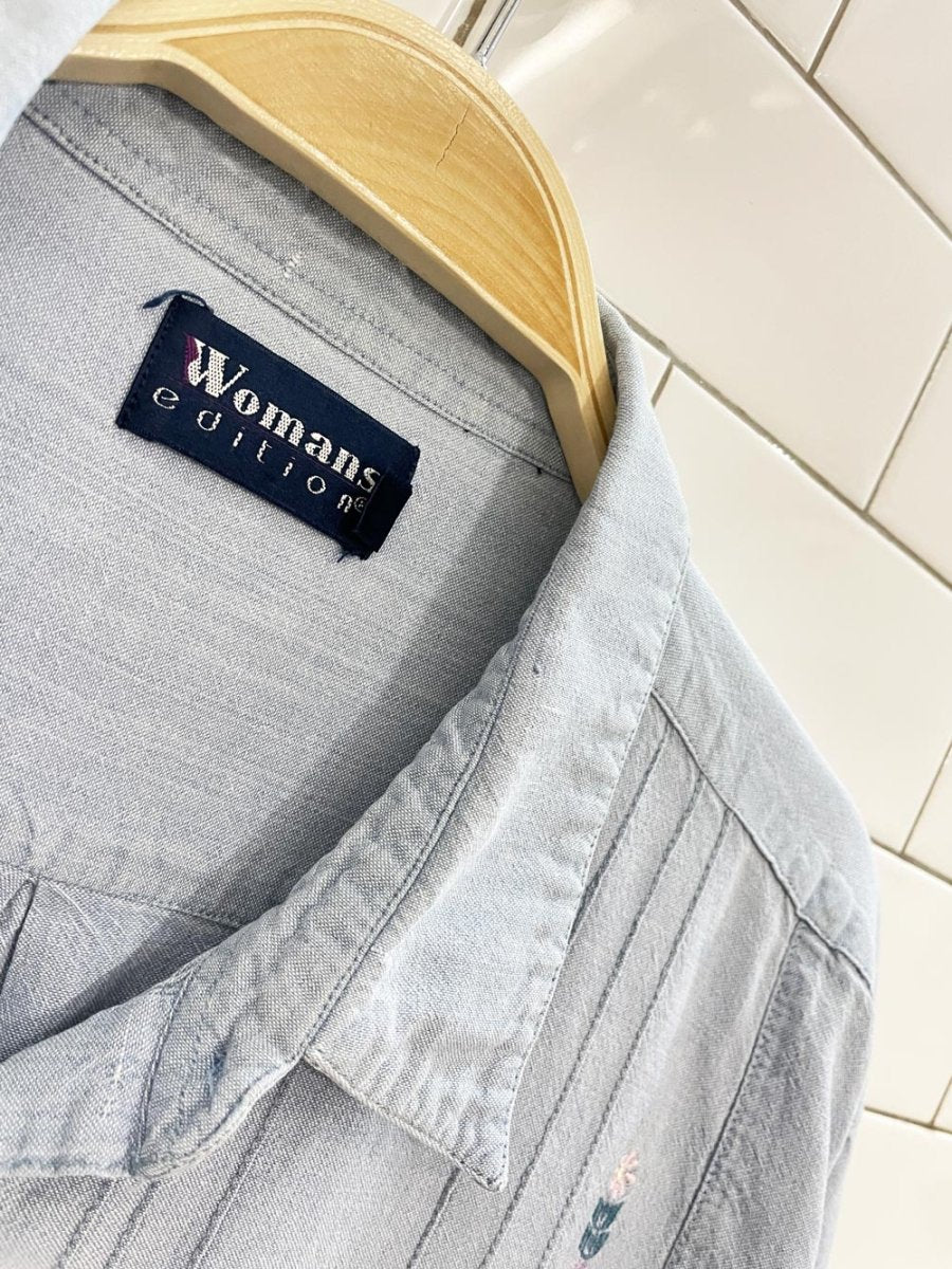 vintage 90s WE floral + hearts embroidered oversized denim shirt - good market thrift store