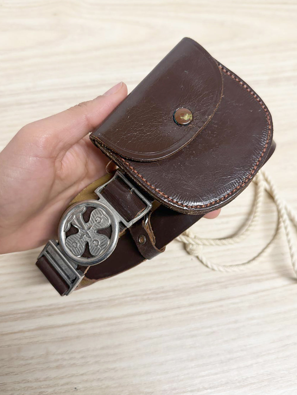 vintage girl guides "ole valmis" leather belt with rope | made in USA