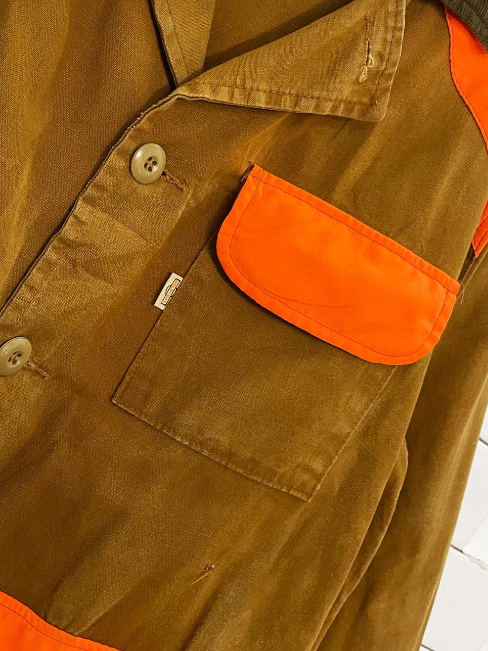 vintage 70s saftbak cord collar hunting canvas chore coat | neon orange