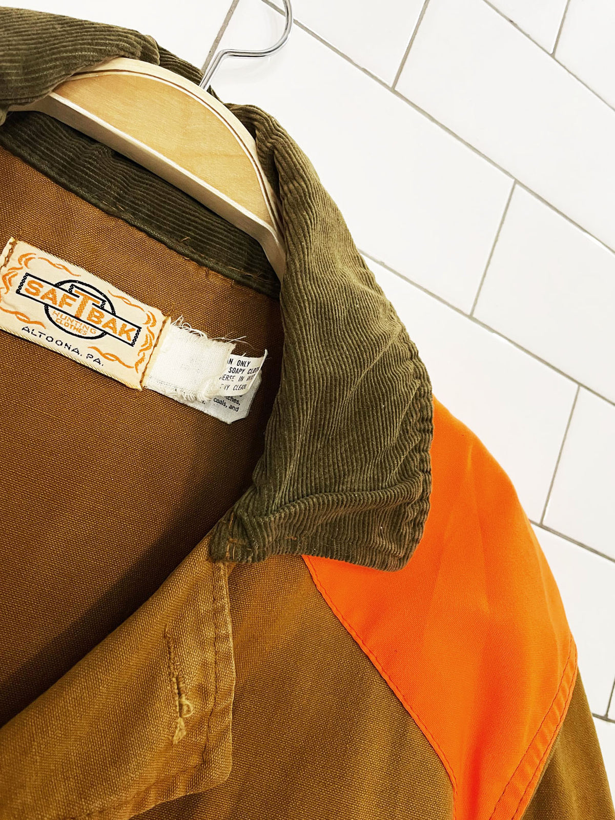 vintage 70s saftbak cord collar hunting canvas chore coat | neon orange