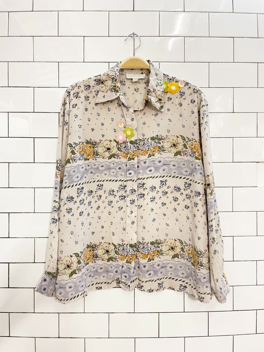 rework x vintage everalp 100% silk floral crochet patch blouse - good market thrift store