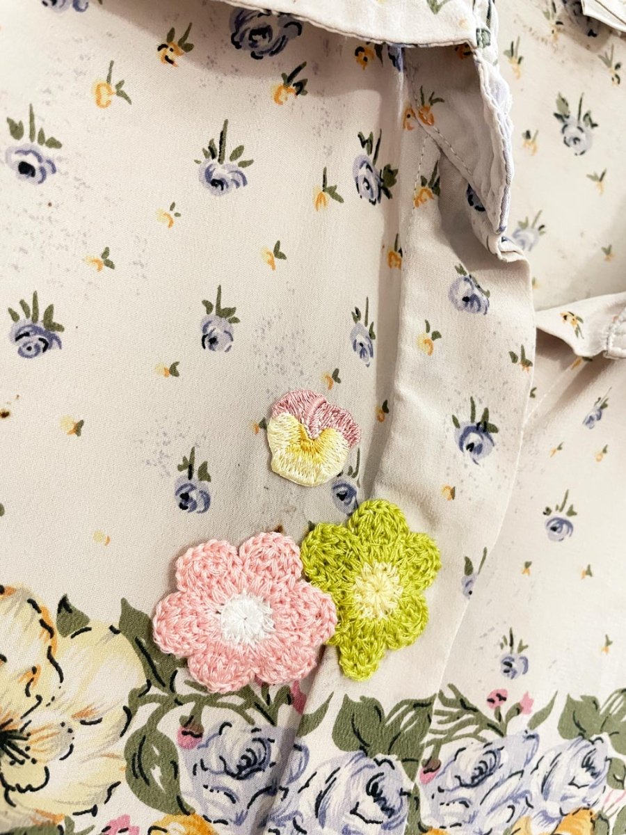 rework x vintage everalp 100% silk floral crochet patch blouse - good market thrift store