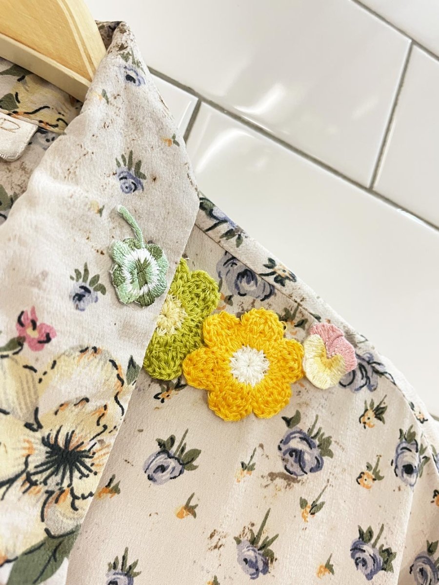 rework x vintage everalp 100% silk floral crochet patch blouse - good market thrift store