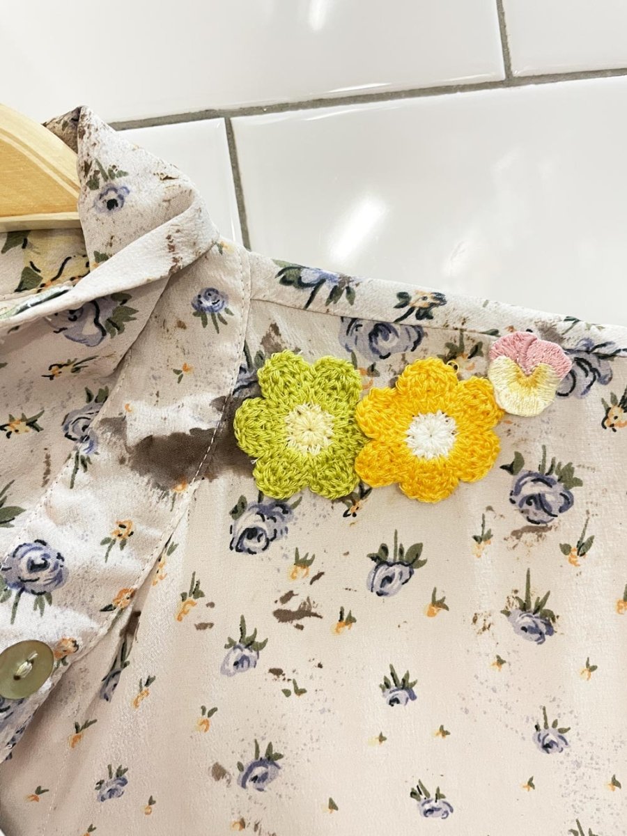 rework x vintage everalp 100% silk floral crochet patch blouse - good market thrift store