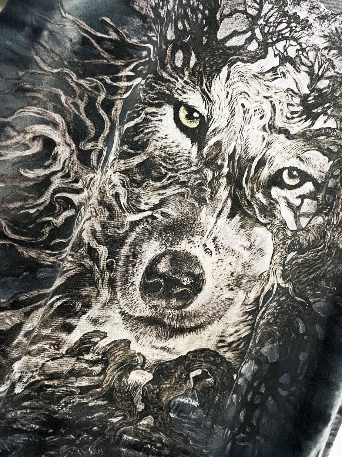 y2k the mountain evolution wolf art tie dye tee