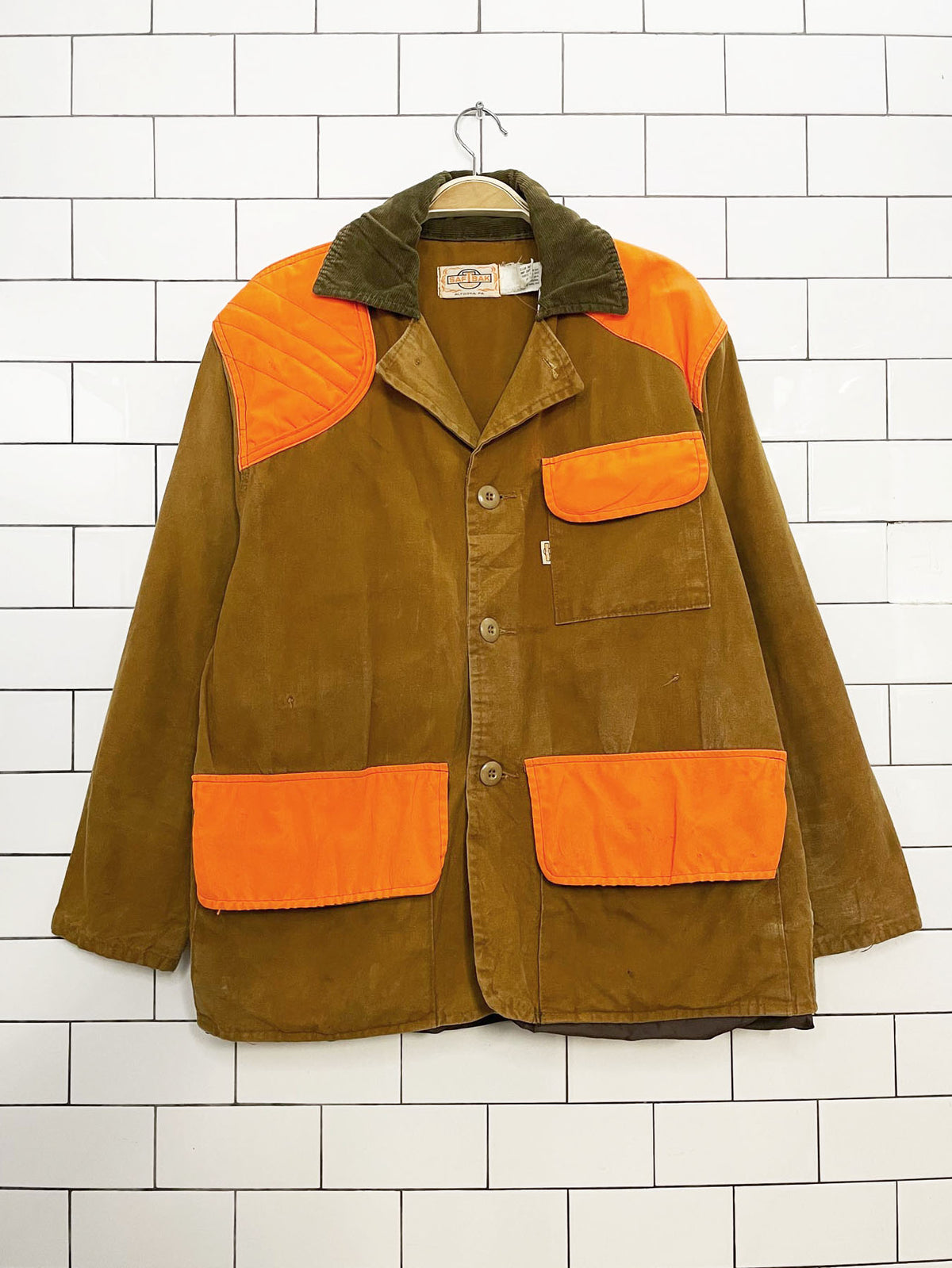 vintage 70s saftbak cord collar hunting canvas chore coat | neon orange