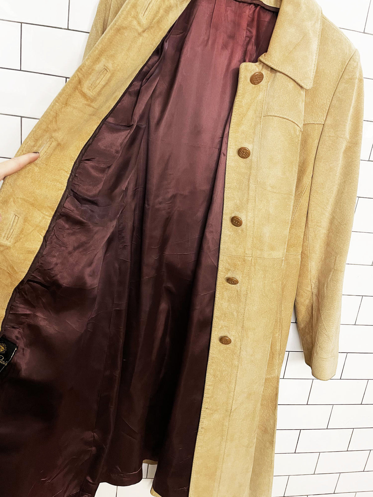 vintage dino de paris suede leather belted long pleated hem jacket | made in Canada | western yoke