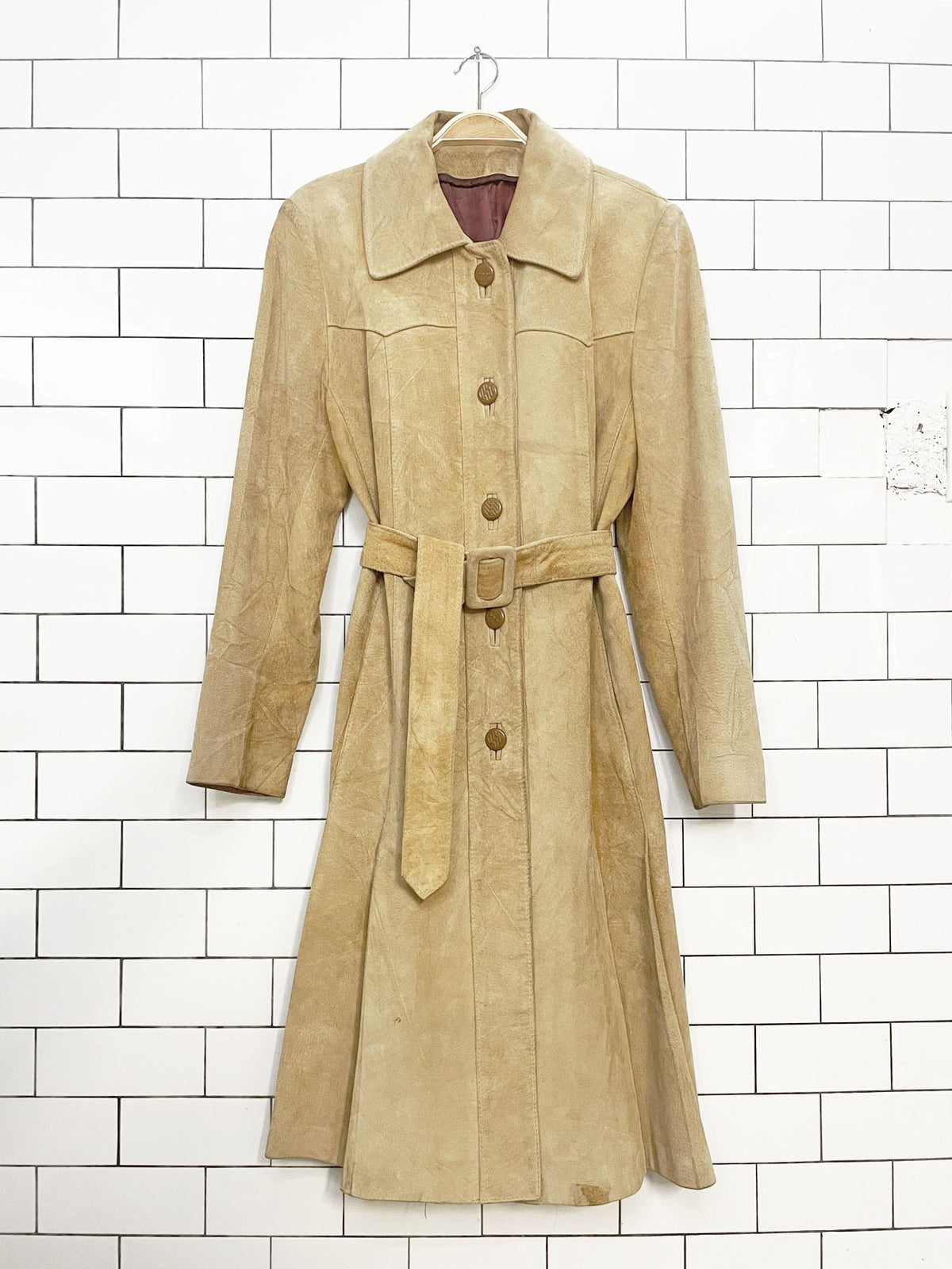 vintage dino de paris suede leather belted long pleated hem jacket | made in Canada | western yoke