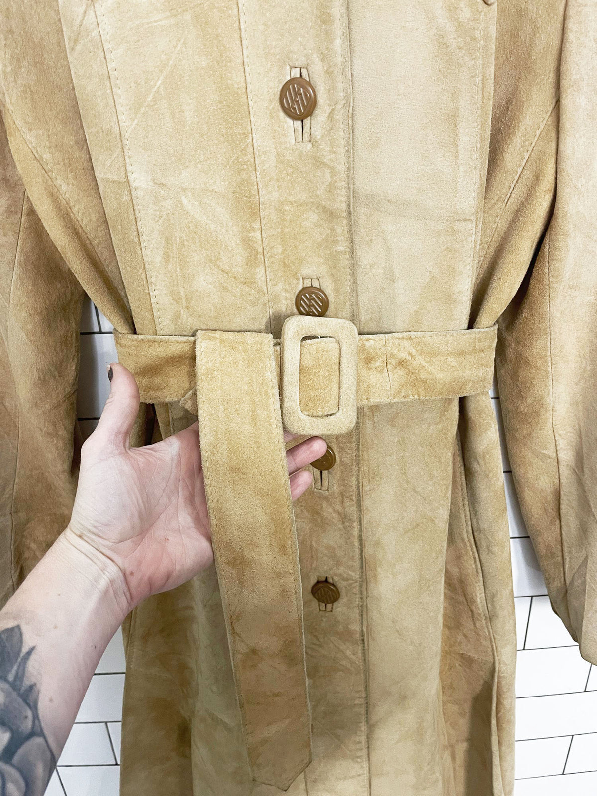vintage dino de paris suede leather belted long pleated hem jacket | made in Canada | western yoke