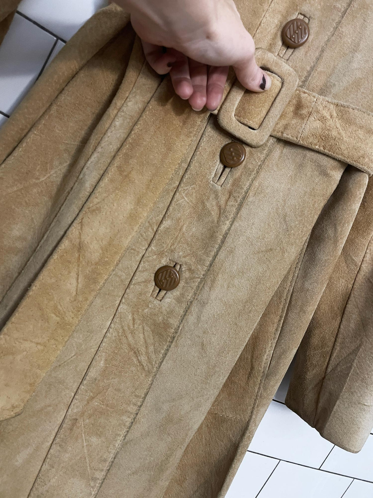 vintage dino de paris suede leather belted long pleated hem jacket | made in Canada | western yoke