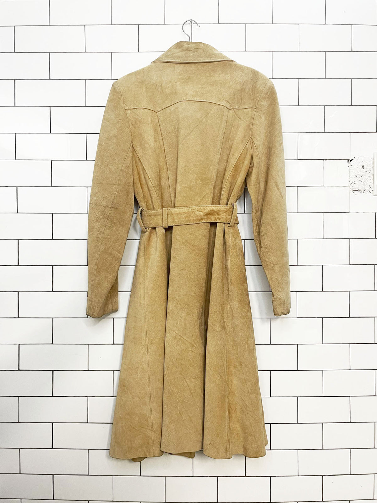 vintage dino de paris suede leather belted long pleated hem jacket | made in Canada | western yoke