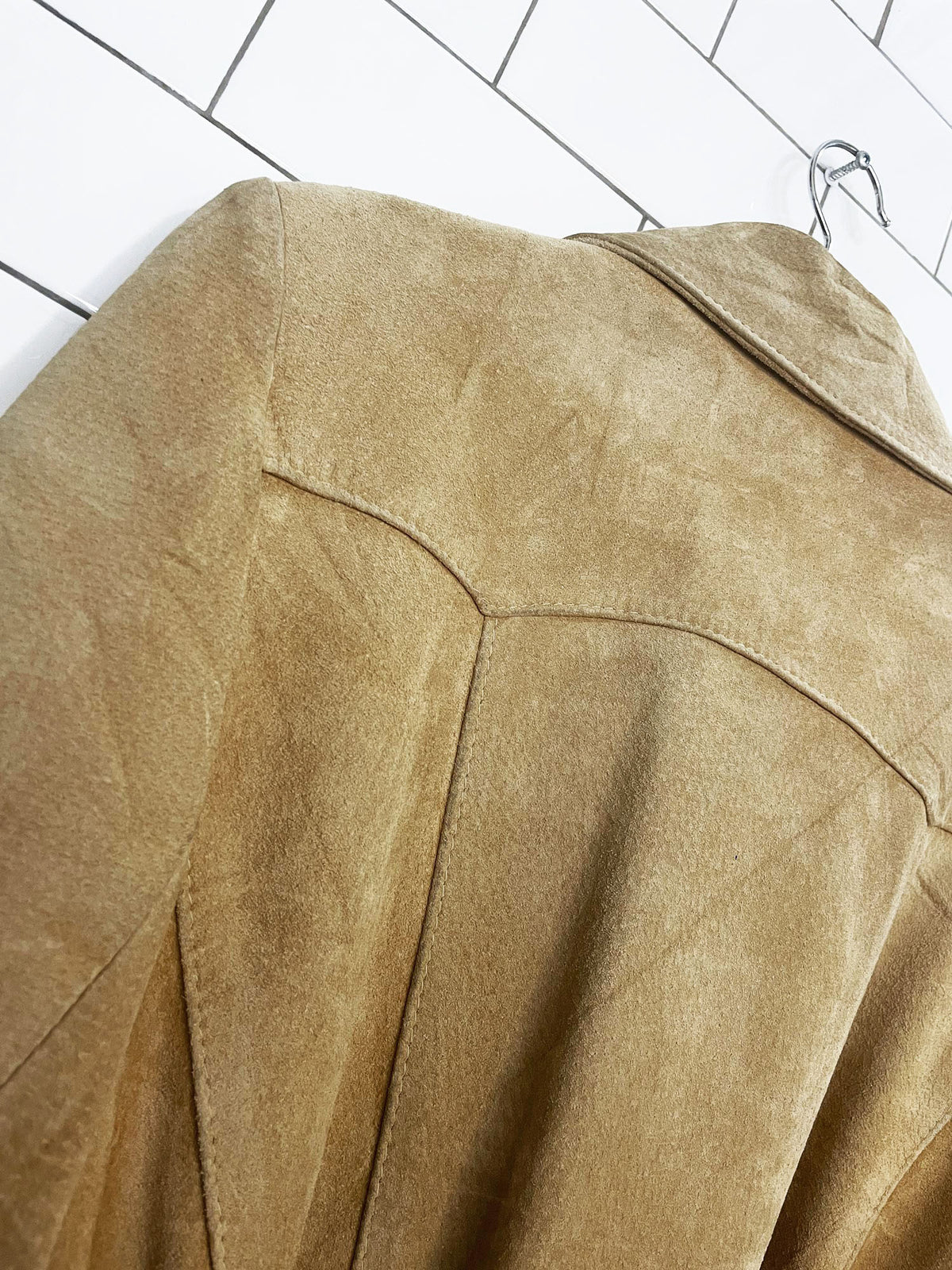 vintage dino de paris suede leather belted long pleated hem jacket | made in Canada | western yoke
