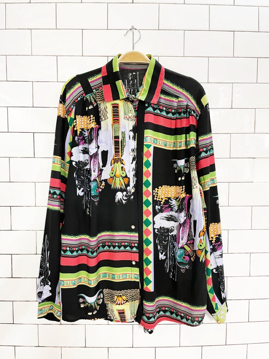 vintage 80s pleated shoulder pearl button abstract blouse | made in Italy - good market thrift store