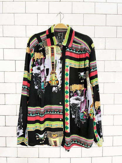 vintage 80s pleated shoulder pearl button abstract blouse | made in Italy - good market thrift store