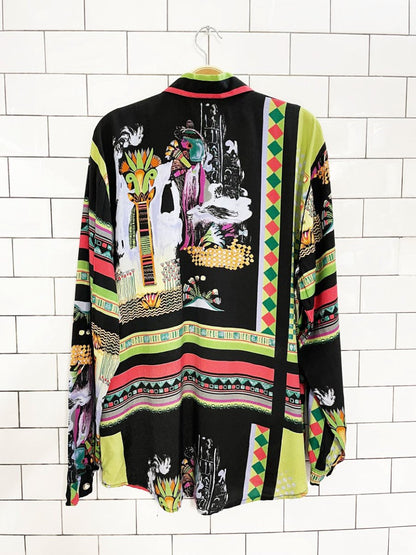 vintage 80s pleated shoulder pearl button abstract blouse | made in Italy - good market thrift store