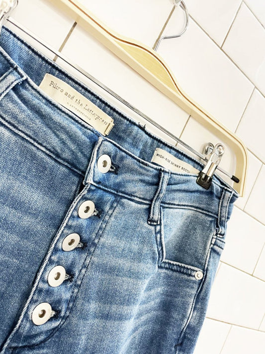 pilcro high rise skinny bootcut slit hem jeans | anthropologie - good market thrift store
