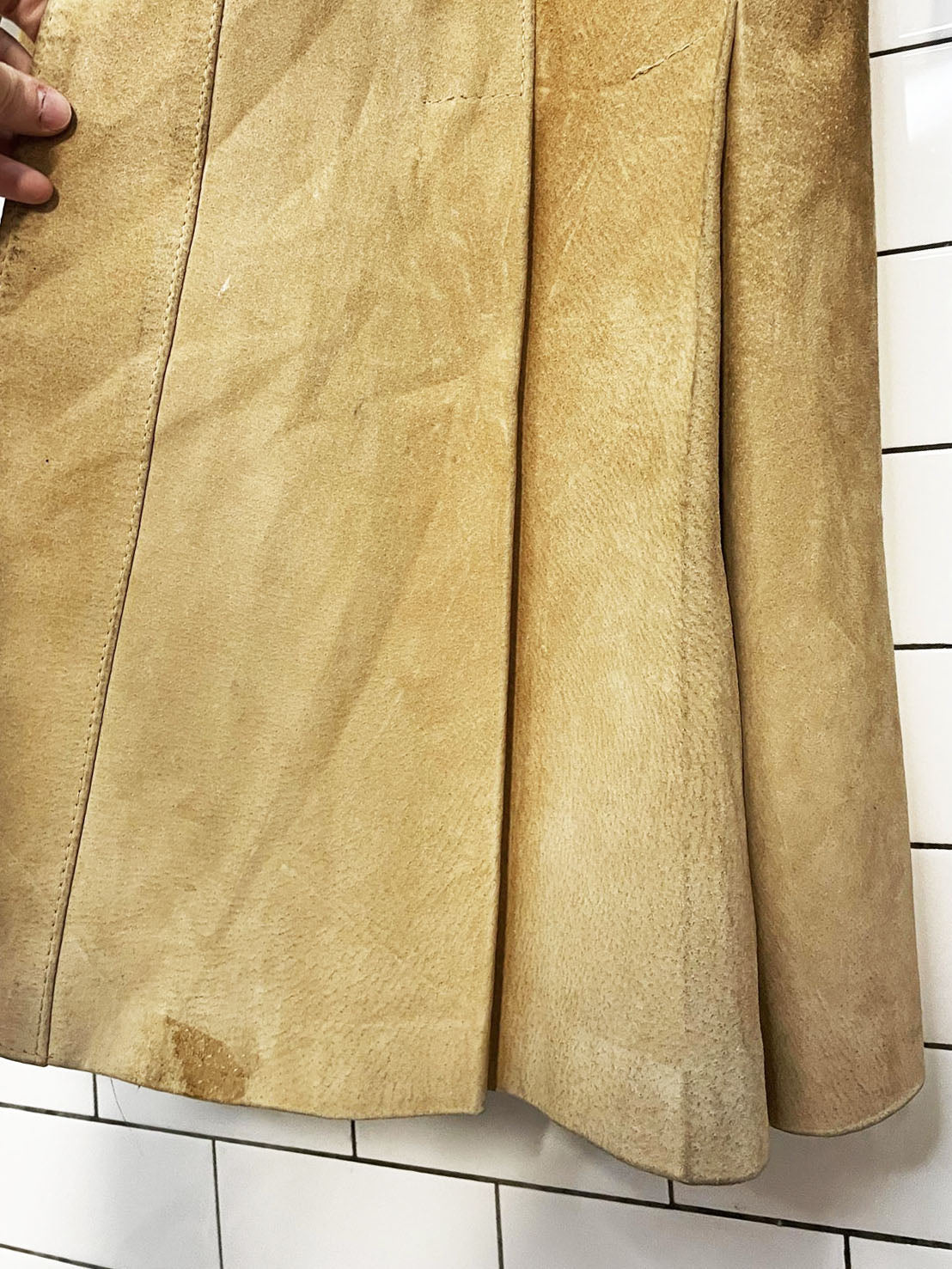 vintage dino de paris suede leather belted long pleated hem jacket | made in Canada | western yoke