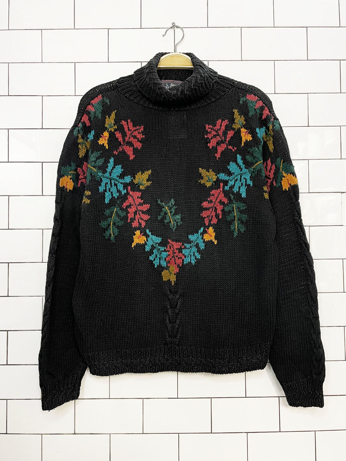 vintage 90s woolrich ramie-blend hand-knit autumn leaves turtle neck sweater